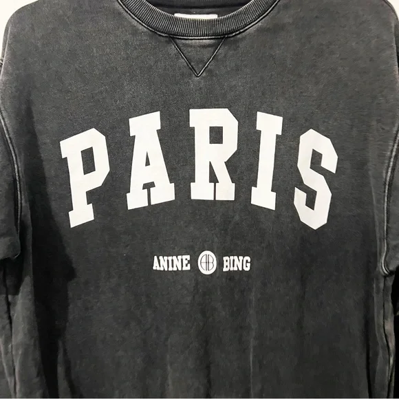 Anine Bing Ramona Paris Crewneck Sweatshirt Washed Black Size Large L - Picture 3 of 7